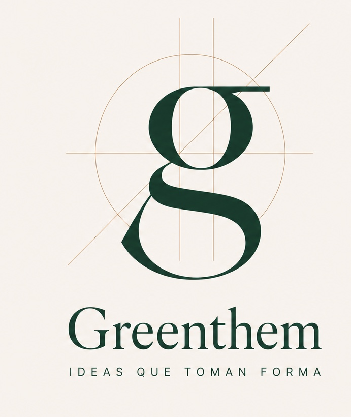 Logotipo de Greenthem con una letra G construida sobre líneas de boceto y el lema Ideas que toman forma